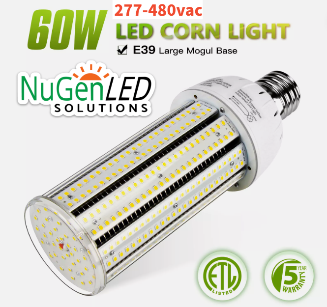 NG-WL-60WH9S-508-W39 277-480vac LED 60 Watt Corn Bulb 8,100+ Lumens 5000k 5yr Warranty